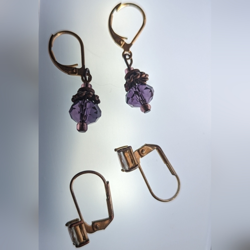 Vintage 2 pair earrings clear purple  rhinestone hook clip gold silver tone